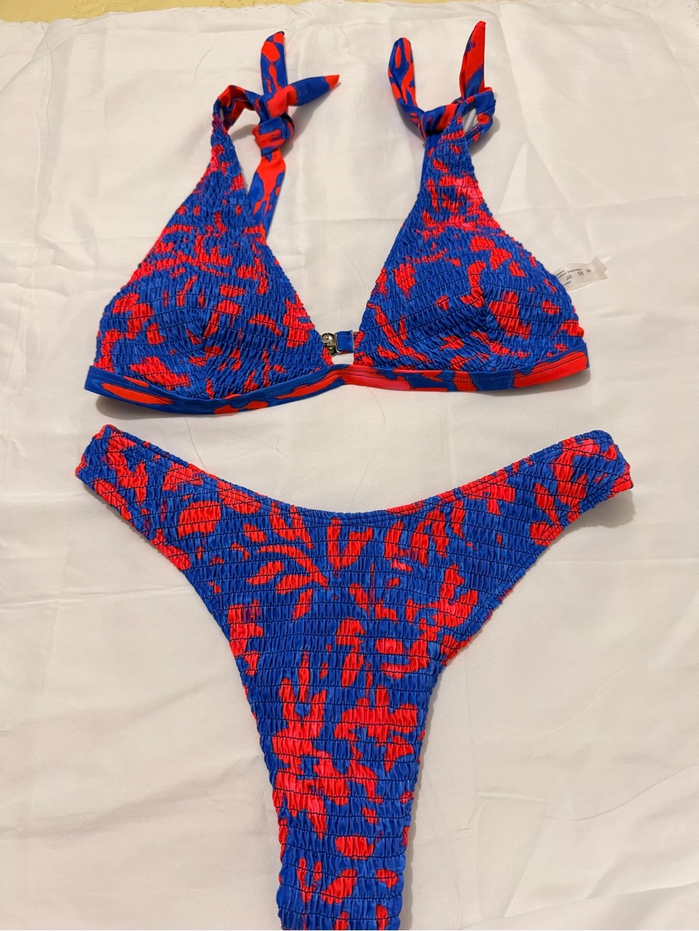 Blue & Red Smocked Tie-Shoulder Bikini Set